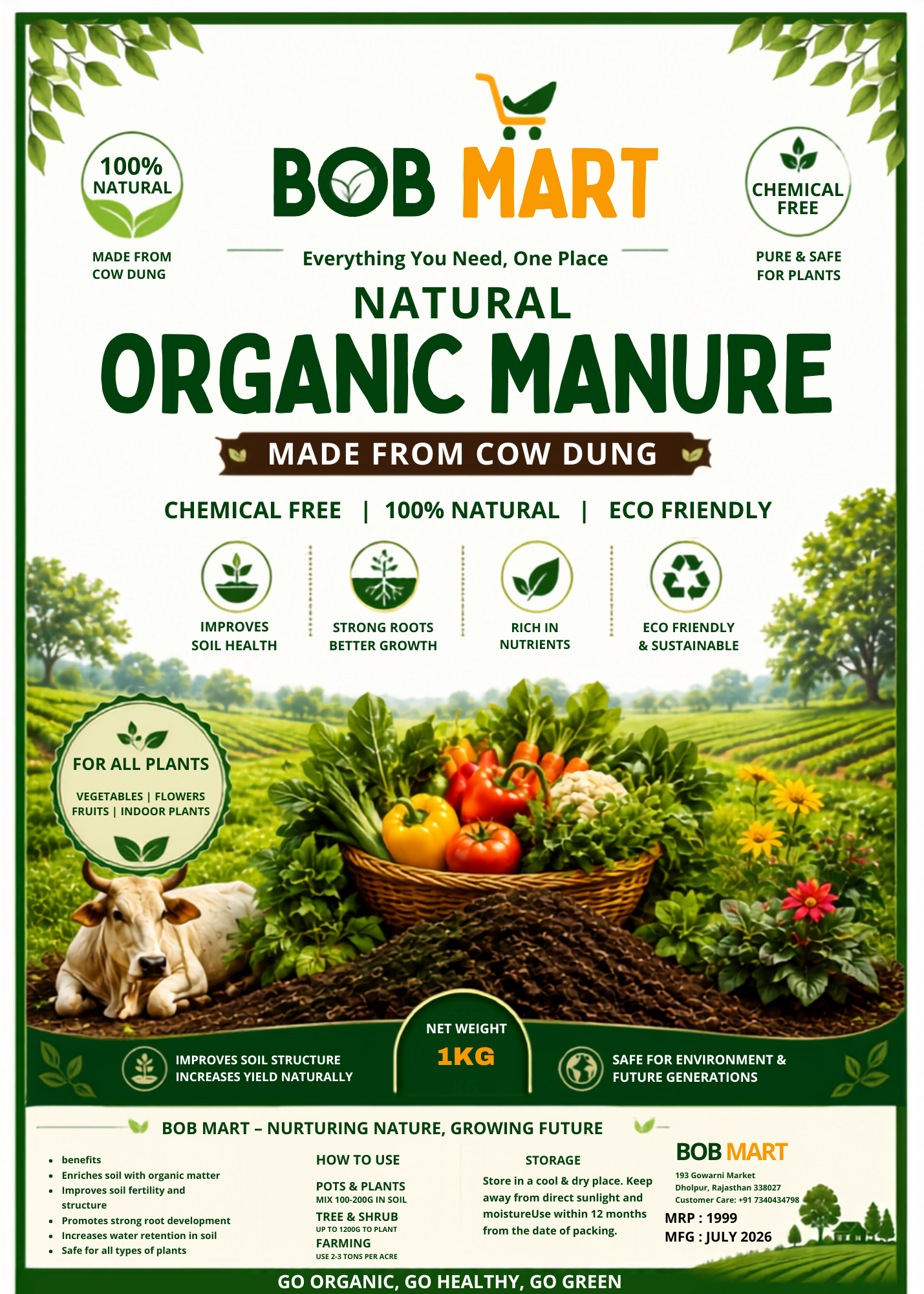 Organic Cow Dunk Fertilizer  1KG | 100% Natural & Chemical Free